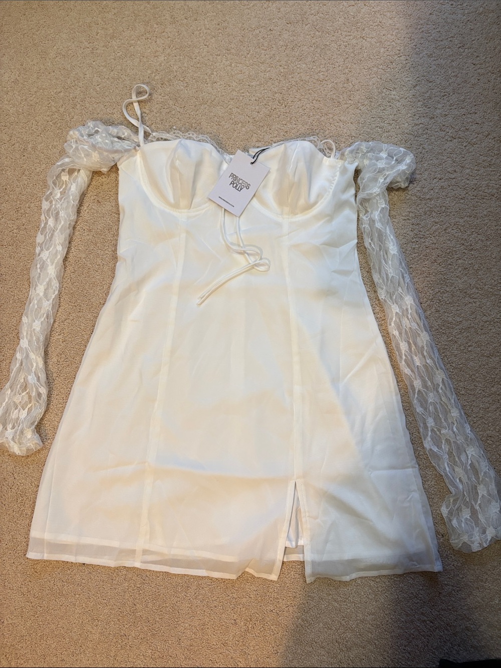 NWT Princess Polly Ashwood lace sleeve White Off-Shoulder Mini Dress 6